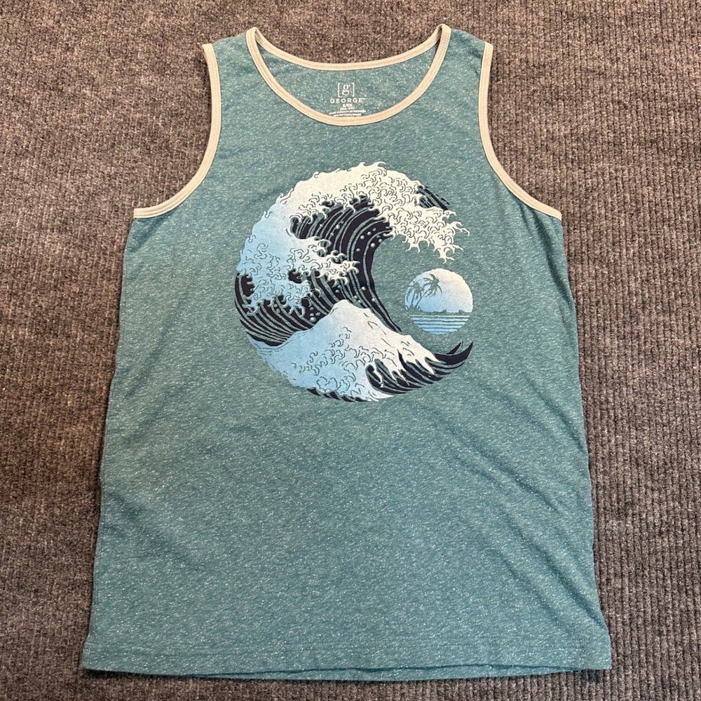 George Graphic Tank Top Small Teal Wave Print Cotton Blend Sleeveless Shirt